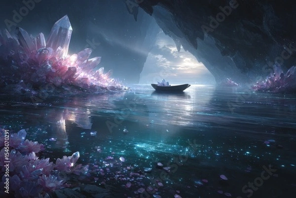 Fototapeta Crystal cave with a small boat in tranquil waters at twilight revealing enchanting reflections and vibrant crystals