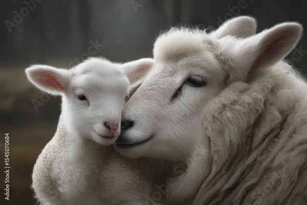 Fototapeta Mother sheep and her lamb share a tender moment in a serene forest setting during early morning light