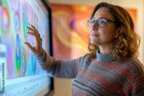 Fototapeta Woman interacts with a large touchscreen displaying abstract data visualizations, likely for analysis or presentation.