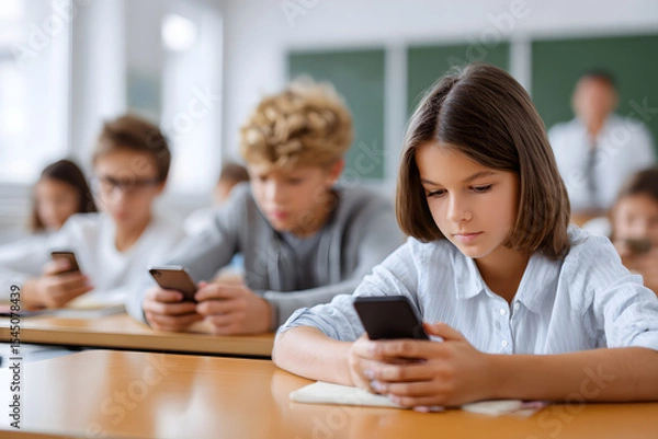 Obraz Students engaged with smartphones in a classroom setting Generative AI