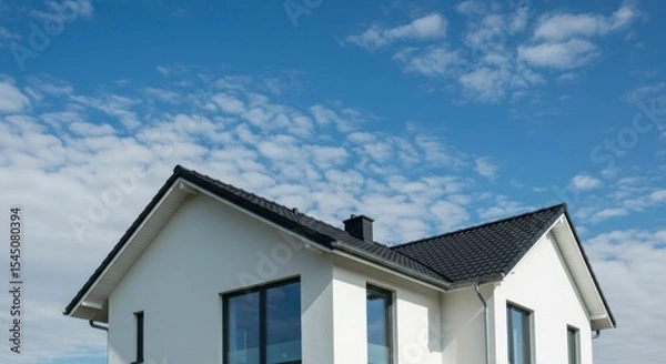 Fototapeta Modern white house with dark roof against a bright blue sky, showcasing contemporary architecture and clean lines