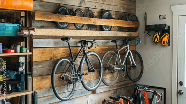 Fototapeta DIY enthusiasts installing a custom bike rack, using reclaimed wood for a rustic storage solution, high-resolution eco-friendly home setup —ar 16:9 