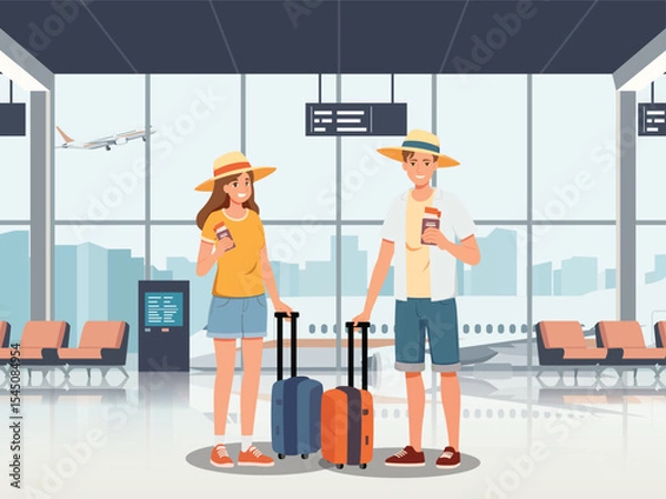 Obraz Happy tourist with Large travel bag luggage for travel and exploring the beach. The lovers holding map and passport, smiling. Summer vacation and tropical travel concept illustration.