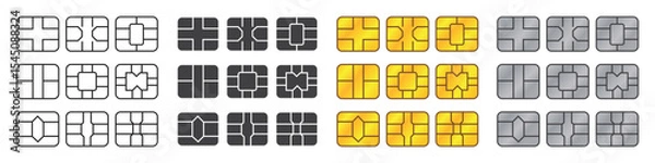 Obraz EMV chip set on isolated background. EMV chip icon gold, silver, linear, black for bank plastic credit or debit card