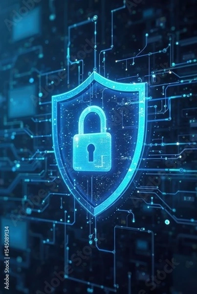 Obraz A luminous digital shield and lock hover above glowing circuitry. The design conveys encrypted access, secure systems, and next-gen protection technology, vertical composition