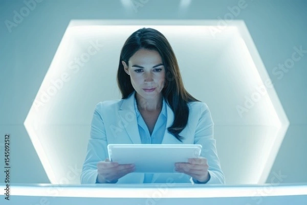 Fototapeta A woman in a white lab coat uses a tablet in a futuristic, bright setting.