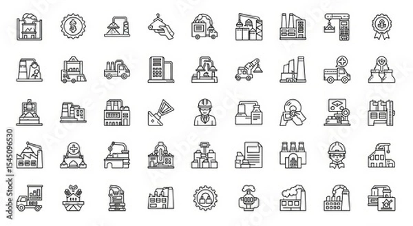 Fototapeta Line art icon set depicting various industry and manufacturing related symbols and elements in black and white