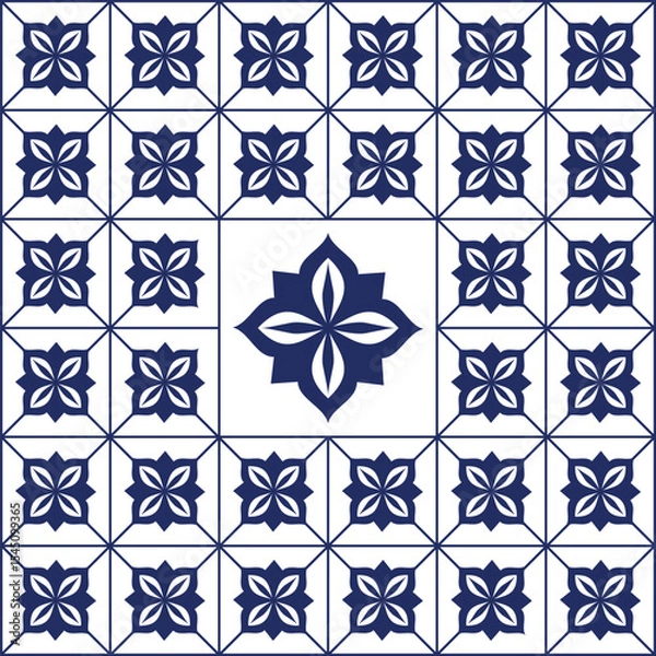 Fototapeta Geometric Floral Tiling with Bright Petals and Symmetrical Layout for Surface Pattern Design, Bold and Modern Seamless Floral Design with Traditional Ethnic Motifs for Packaging and Crafts