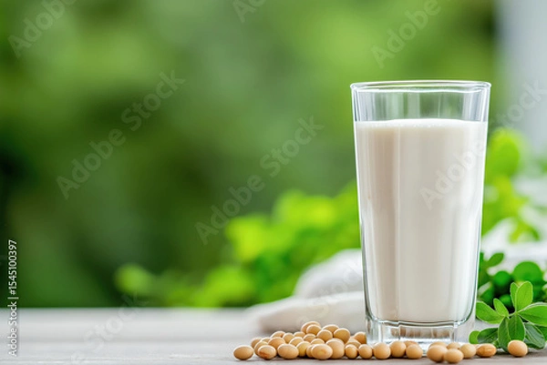 Obraz Tall glass of soy milk stands on a surface with soybeans and greenery in the background