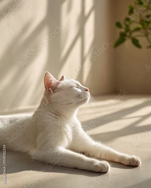 Fototapeta A white cat basks peacefully in warm sunlight, eyes closed and stretched out on a smooth surface with soft shadows and a blurred plant in the background.