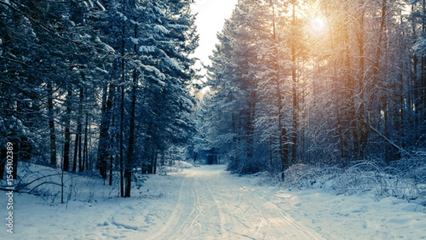 Obraz Frosty winter landscape in snowy forest. Snowy winter pine forest