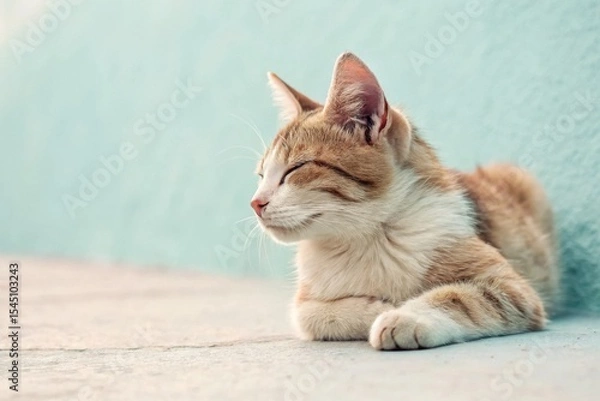 Fototapeta A relaxed orange and white tabby cat with closed eyes rests on a smooth surface against a soft, pastel background.