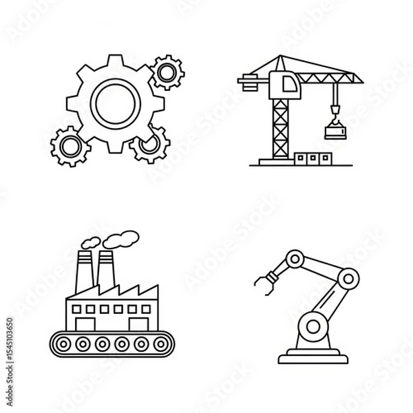 Fototapeta Illustrations of gears crane factory and robotic arm representing industry and manufacturing concepts