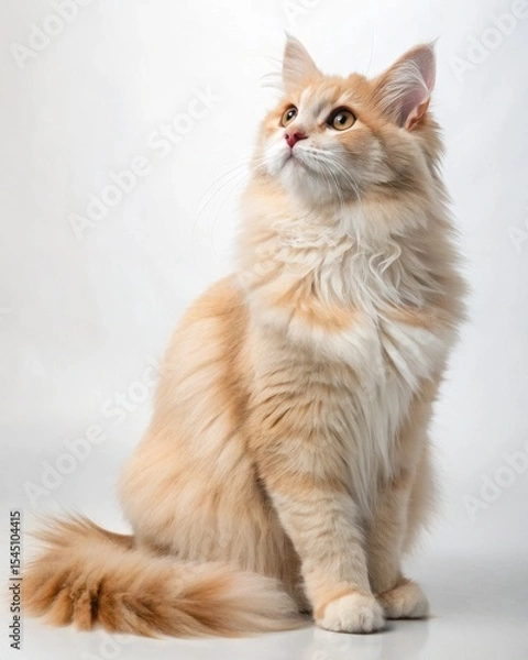 Fototapeta Fluffy orange and white cat sitting alertly on a white background, looking upwards with bright eyes and a bushy tail curled around its paws.