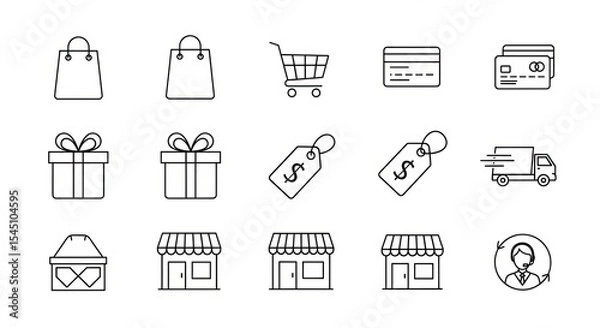 Fototapeta A collection of outline icons representing various aspects of shopping and e commerce services online