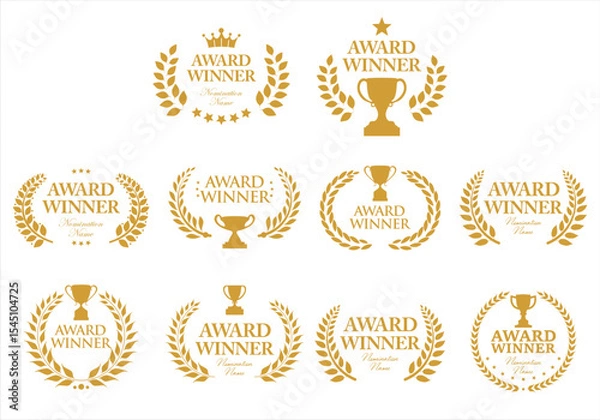 Fototapeta Award Winner emblem collection of gold laurel with gold text isolated on white background	