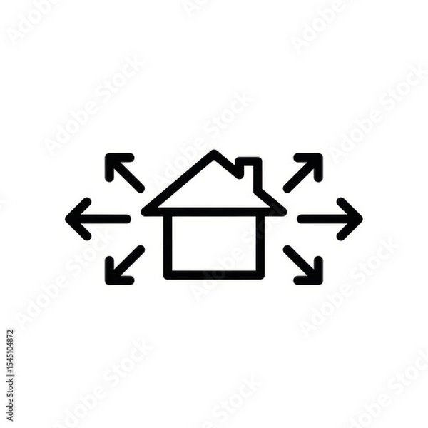 Fototapeta Outline of a house with arrows pointing away from it in all directions on a white background