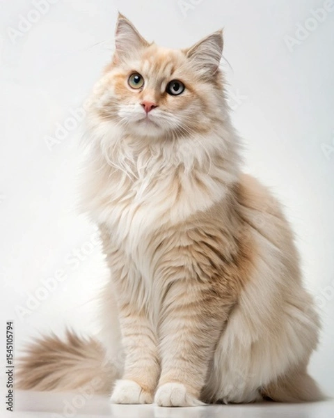 Fototapeta A fluffy cream-colored long-haired cat with striking blue eyes sitting gracefully against a white background.