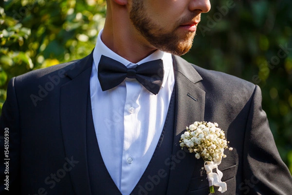 Fototapeta A gentleman in a smart suit and bow tie has a flower in his pocket