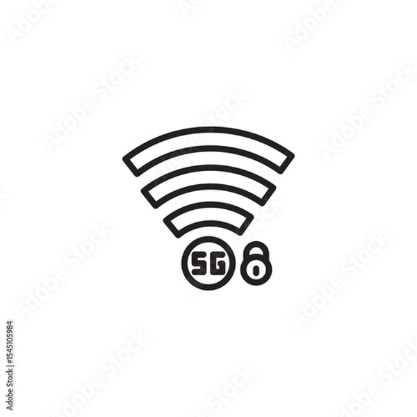 Fototapeta A black and white line icon of a strong Wi-Fi signal with "5G" and a padlock symbol, signifying secure 5G network connectivity.