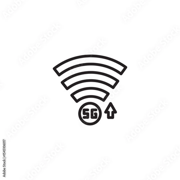Fototapeta A clean line icon depicts a strong Wi-Fi signal with "5G" and an upward arrow, symbolizing 5G upload capabilities or network strength.