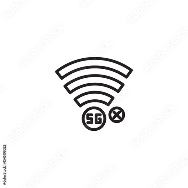 Obraz A clean line icon showing a strong Wi-Fi signal with "5G" and an "X" mark, symbolizing a disconnected or unavailable 5G network.