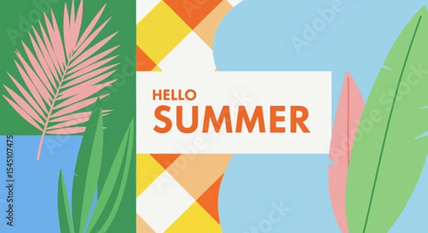 Obraz Hello Summer Tropical Leaves and Geometric Patterns Illustration