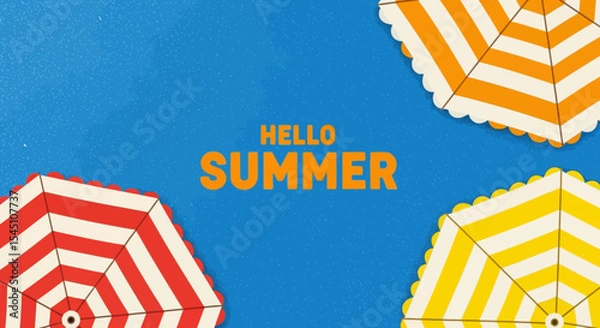 Obraz Hello Summer Colorful Beach Umbrellas on Blue Background