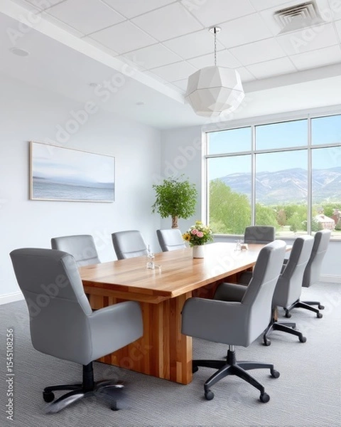 Fototapeta Modern Boardroom with Large Wooden Table and Gray Chairs