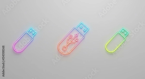 Obraz Three Colorful Neon Usb Flash Drives on White Background