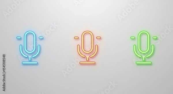Obraz Three Neon Microphone Icons on White Background