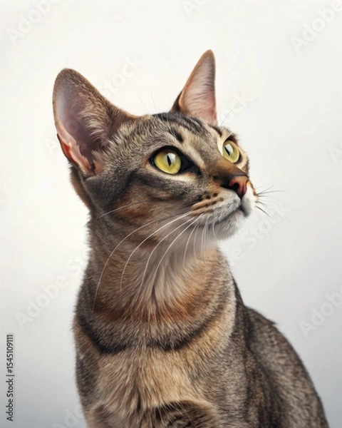 Fototapeta Close-up portrait of a curious tabby cat with yellow eyes looking upward against a plain white background.