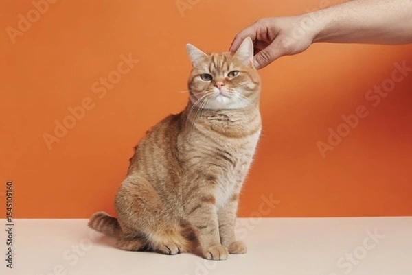Fototapeta A ginger tabby cat sits calmly on a white surface while a hand gently pets behind its ear against an orange background.