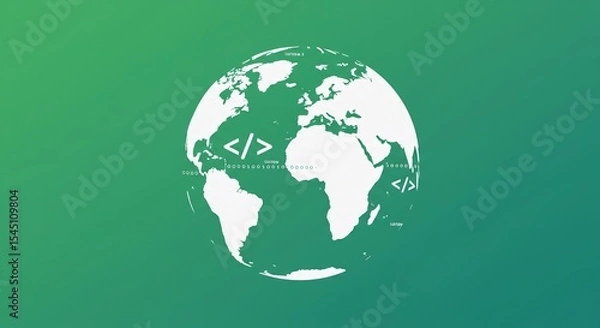 Obraz White Pixel Globe with Code Symbol on Green Gradient Background