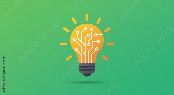 Obraz Yellow Lightbulb with Circuit Board Design on Green Background