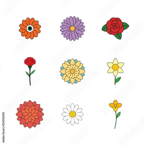 Fototapeta Vector art of collection of various colorful flowers isolated on white background