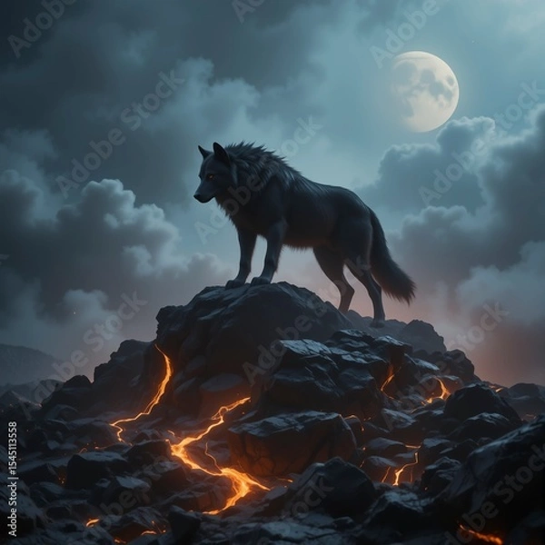 Fototapeta  A fierce black wolf stands on volcanic rocks with glowing lava between cracks, surrounded by thick mist and fog in a dramatic, cinematic dark fantasy setting.