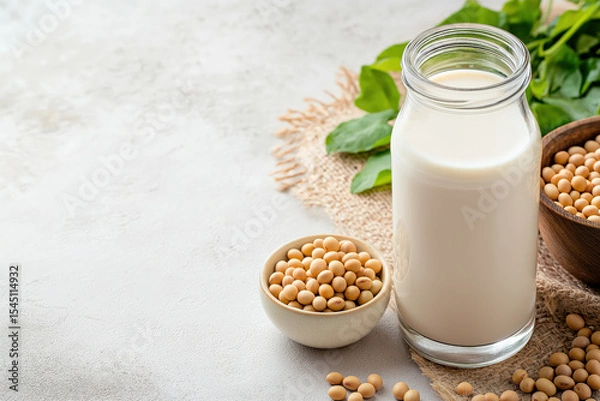 Obraz Glass bottle of soy milk sits on a textured surface beside bowls of soybeans and fresh green leaves