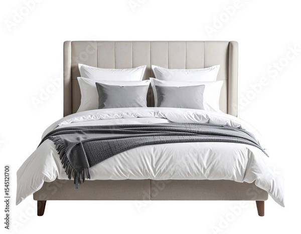 Fototapeta Minimalist Modern Bed with Upholstered Headboard and Low Footboard, Front View, Transparent Background
