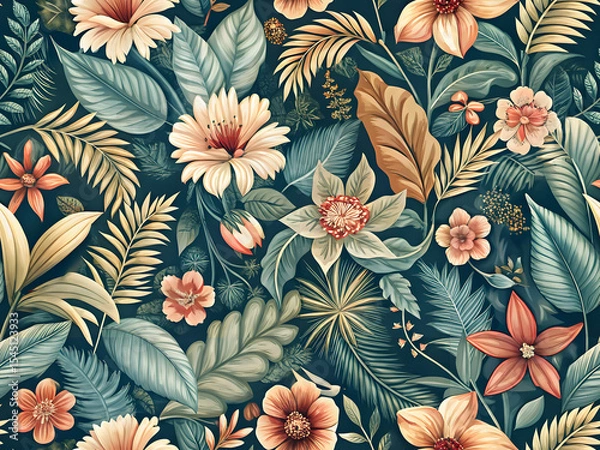 Fototapeta Elegant Tropical Floral Pattern Lush Botanical Illustration Design
