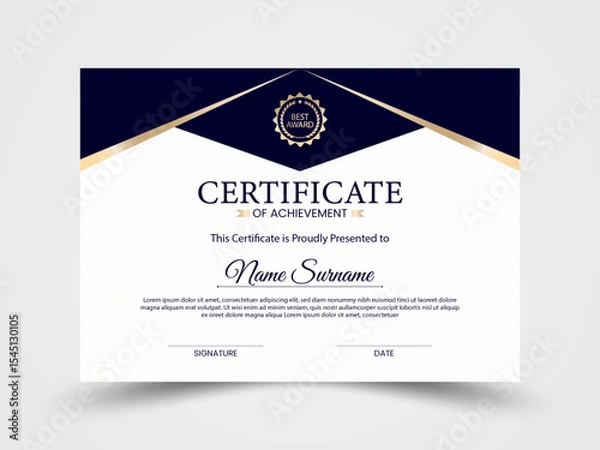Obraz Certificate design, blue and gold modern luxury certificate of achievement template
