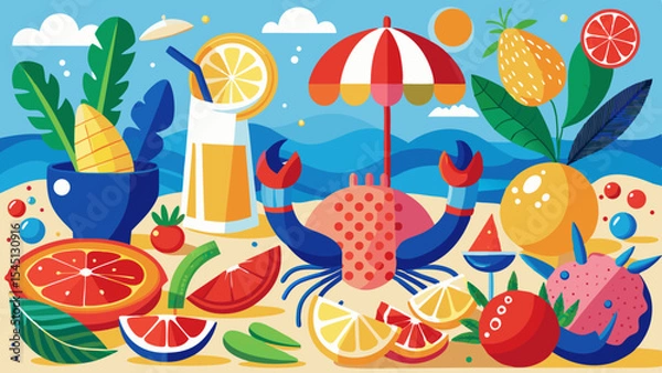 Fototapeta Summer's Flavorful Feast: A vibrant illustration showcasing summer fruits and refreshing beverages on a beach, complemented by a charming crab, creating a visual symphony of the season's delights.
