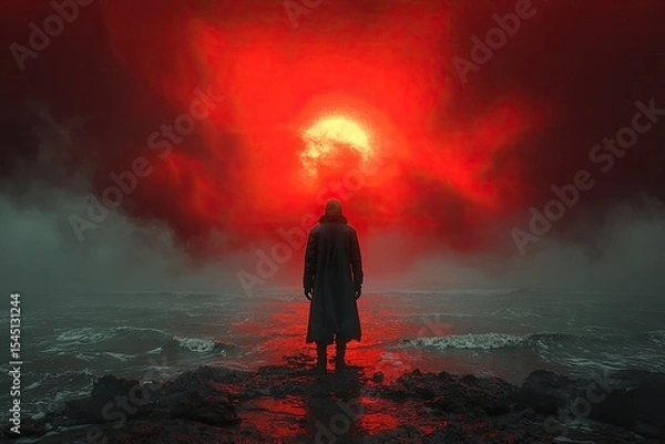 Fototapeta Silhouette of a Person in a Long Coat Standing on a Wet Surface During a Red Fog Burst
