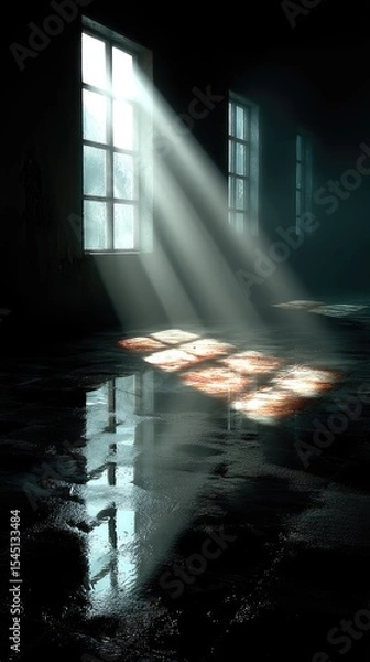 Fototapeta Sunlit Rays in Dark Room with Reflective Wet Floor