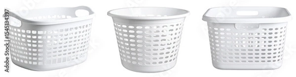Obraz White Plastic Laundry Basket with Vent Holes, front view, isolated on transparent background PNG