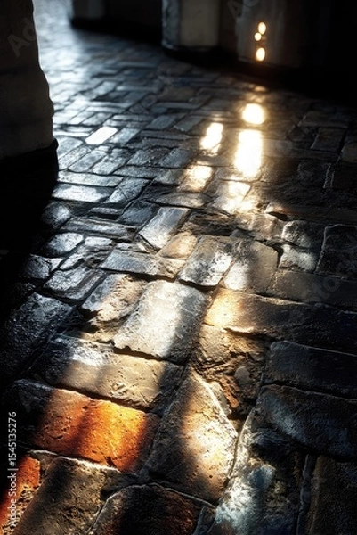Fototapeta Wet Cobblestone Pavement with Backlit Spotlight Effect