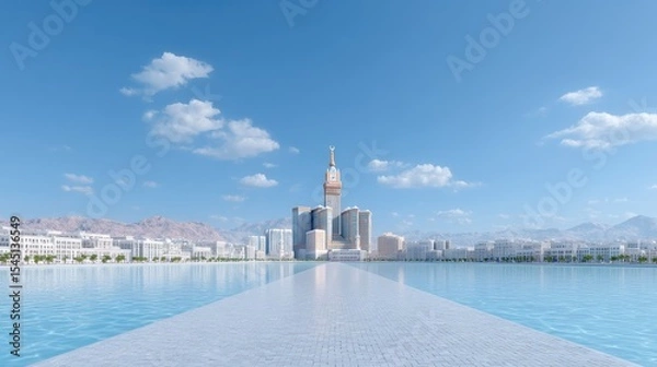 Fototapeta Wide Angle View of Mecca Clock Tower and Kaaba