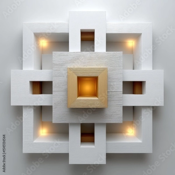 Fototapeta White Wooden Geometric Square Abstract Pattern 3D Design