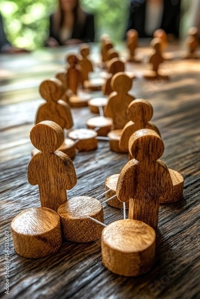 Fototapeta Wooden Figures Representing a Business Network on a Wooden Table