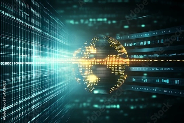 Fototapeta Digital World Globe with Binary Code and Data Stream for Global Technology Solutions